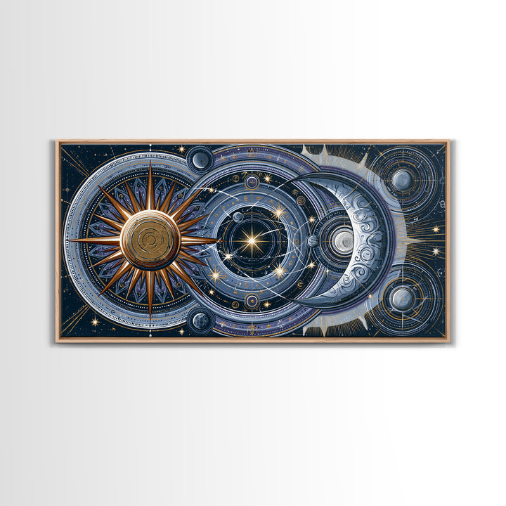 Sun and Moon Spiritual Balance Composition Framed Canvas Print, Spiritual Art, Trendy Wall Art, Living Room Decor, Spirit, SPI-2x1-100