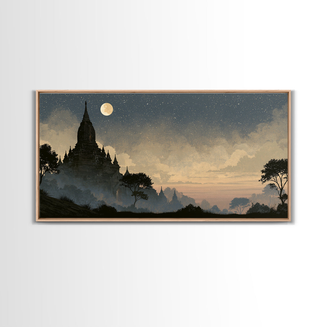 Ancient Temple Silhouette Framed Canvas Print, Spiritual Art, Living Room Decor, Watercolor Art, Spirit, Abstract Wall Art, SPI-2x1-15