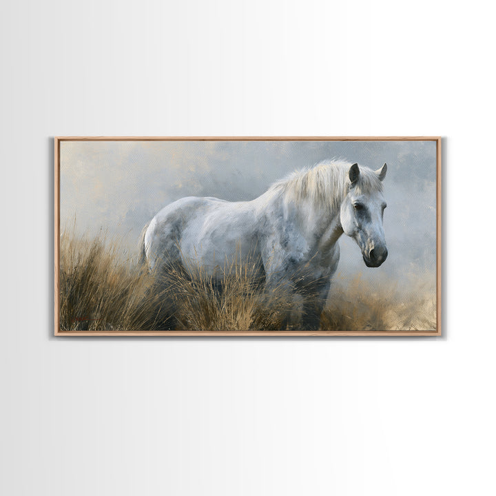 White Horse in Misty Sacred Landscape Framed Canvas Print, Spiritual Art, Art Print, Living Room Decor, Oil Painting, Spirit, SPI-2x1-30