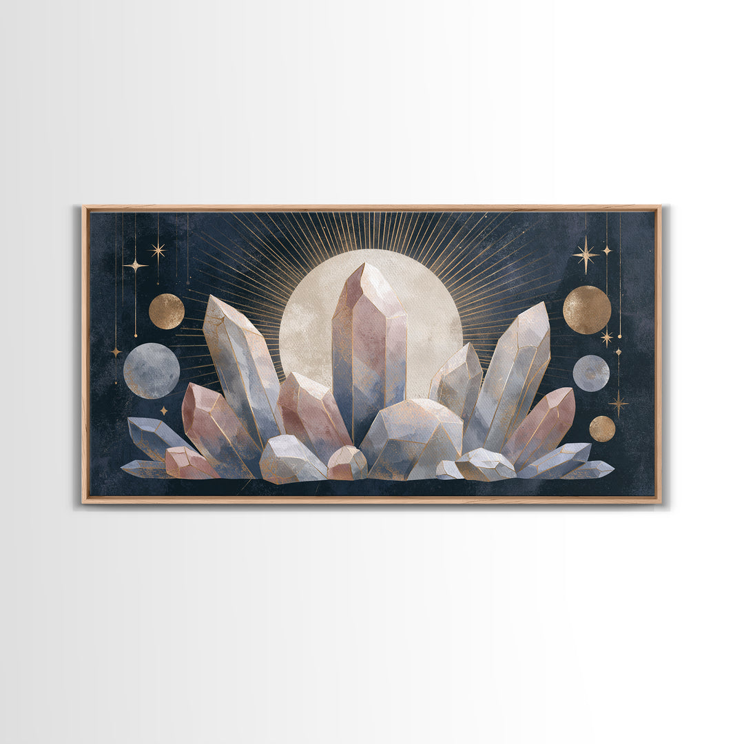 Crystal Cluster with Moonlight Reflections Framed Canvas Print, Spiritual Art, Digital Print, Living Room Decor, Spirit, SPI-2x1-33