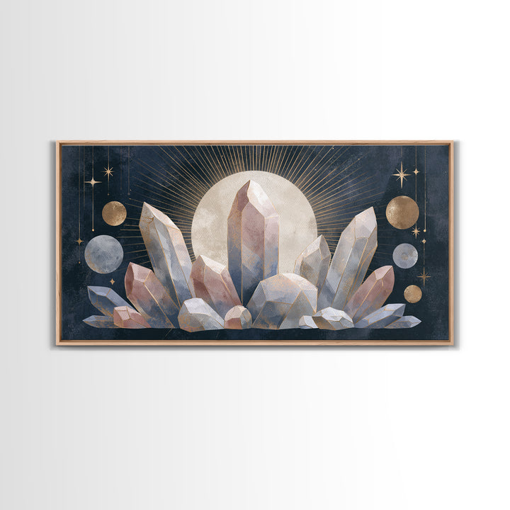Crystal Cluster with Moonlight Reflections Framed Canvas Print, Spiritual Art, Digital Print, Living Room Decor, Spirit, SPI-2x1-33