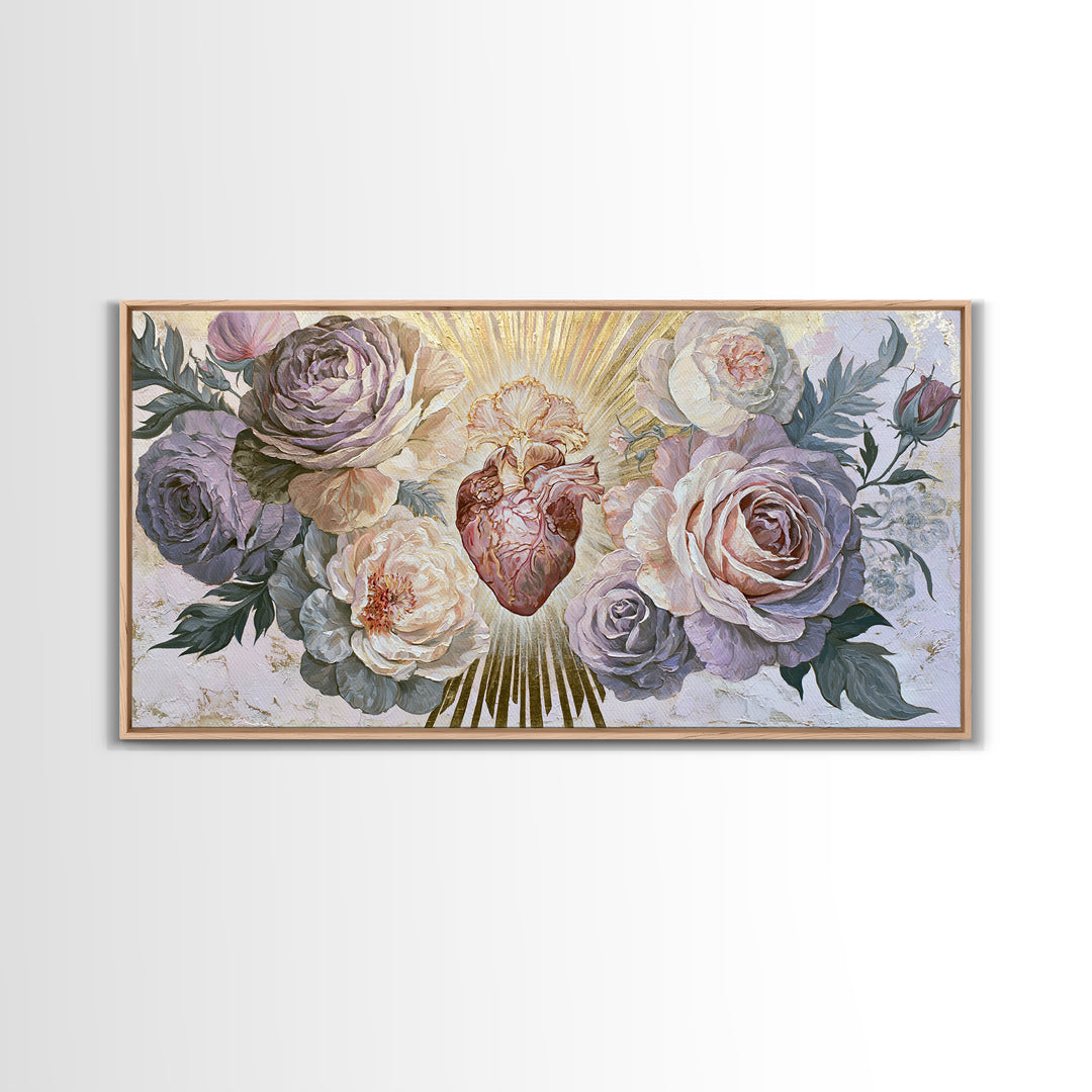 Sacred Heart with Roses and Gold Rays Canvas Print, Spiritual Art, Framed Wall Art, Living Room Decor, Fine Art, Spirit, SPI-2x1-58