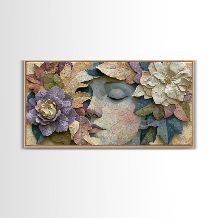 Serene Face with Closed Eyes and Flowers Framed Canvas Print, Spiritual Art, Abstract Wall Art, Living Room Decor, Oil Painting, SPI-2x1-80