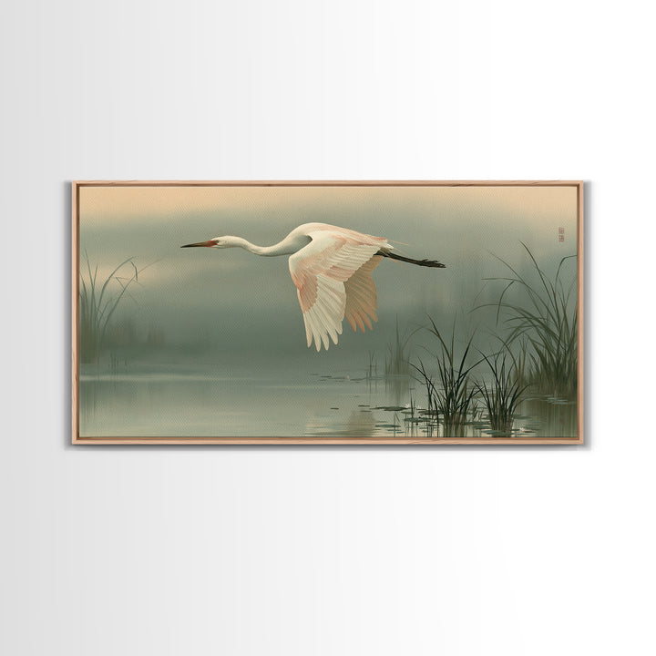 White Crane Flying Framed Canvas Print, Spiritual Art, Black Art, Living Room Decor, Fine Art, Spirit, Christian Decor, SPI-2x1-92