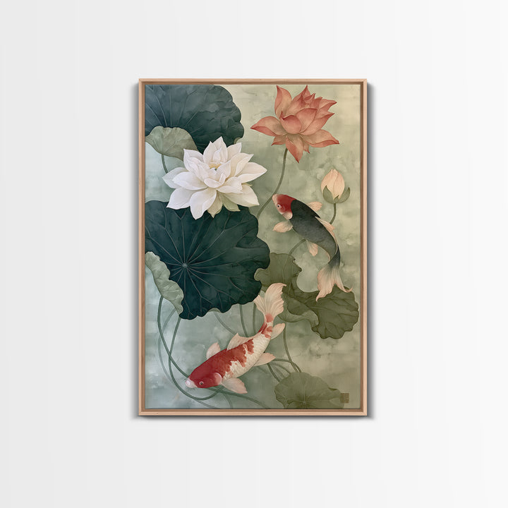 Lotus and Koi Framed Canvas Print, Spiritual Art, Digital Art, Living Room Decor, Abstract Art, Spirit, Funky Wall Art, SPI-2x3-2