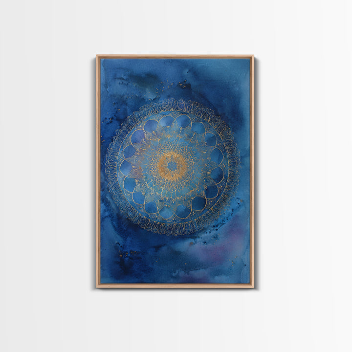 Gold Mandala on Deep Blue Background Framed Canvas Print, Spiritual Art, Digital Prints, Living Room Decor, Watercolor Art, SPI-2x3-36