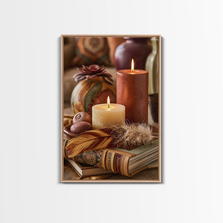 Candle and Feather Still Life Framed Canvas Print, Spiritual Art, Art, Living Room Decor, Fine Art, Spirit, Canvas Wall Art, SPI-2x3-76