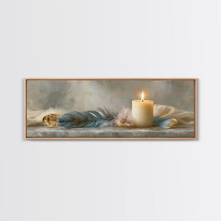 Candle and Feather Still Life Framed Canvas Print, Spiritual Art, Digital Poster, Living Room Decor, Fine Art, Spirit, SPI-3x1-12