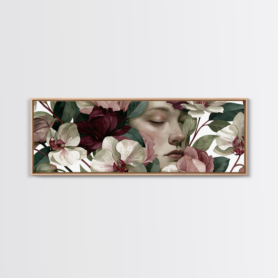 Serene Face with Closed Eyes and Flowers Canvas Print, Spiritual Art, Canvas Painting, Living Room Decor, Watercolor Art, SPI-3x1-4