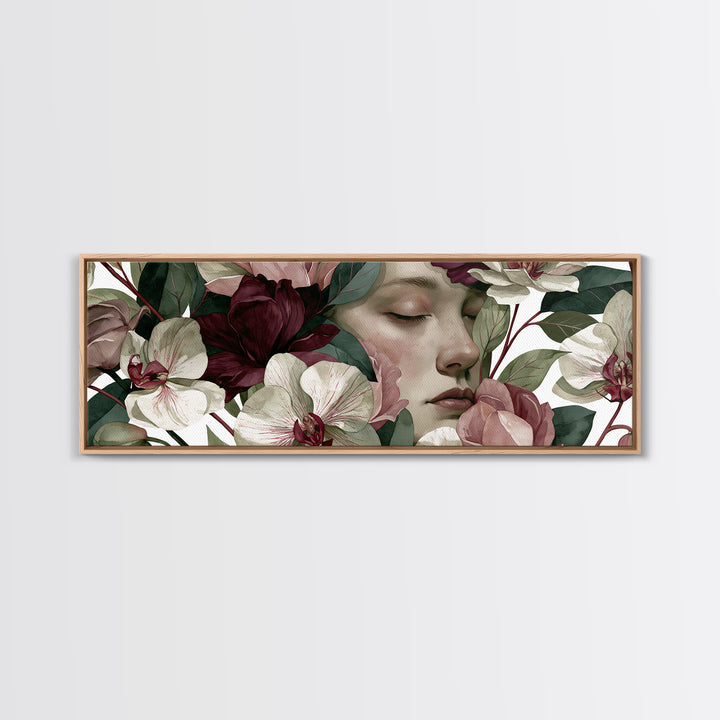 Serene Face with Closed Eyes and Flowers Canvas Print, Spiritual Art, Canvas Painting, Living Room Decor, Watercolor Art, SPI-3x1-4