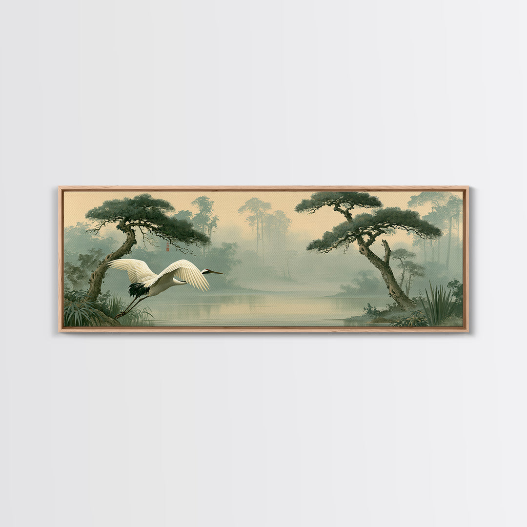 White Crane Flying Canvas Print, Spiritual Art, Fine Art Print, Living Room Decor, Oil Painting, Spirit, Digital Prints, SPI-3x1-40