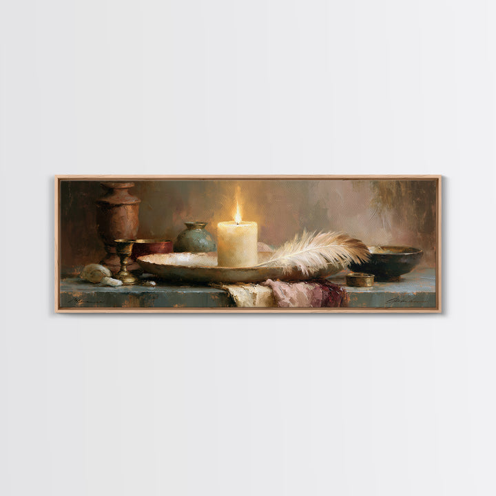 Candle and Feather Still Life Framed Canvas Print, Spiritual Art, Textured Painting, Living Room Decor, Fine Art, Spirit, SPI-3x1-60