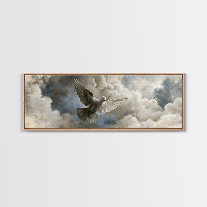Dove Flying Through Radiant Clouds Framed Canvas Print, Spiritual Art, Art, Living Room Decor, Spirit, Canvas Wall Art, SPI-3x1-69