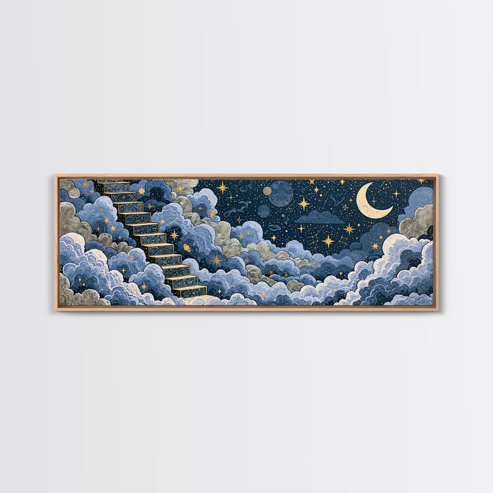 Celestial Staircase Through Clouds Framed Canvas Print, Spiritual Art, Wall Art, Living Room Decor, Fine Art, Spirit, SPI-3x1-81