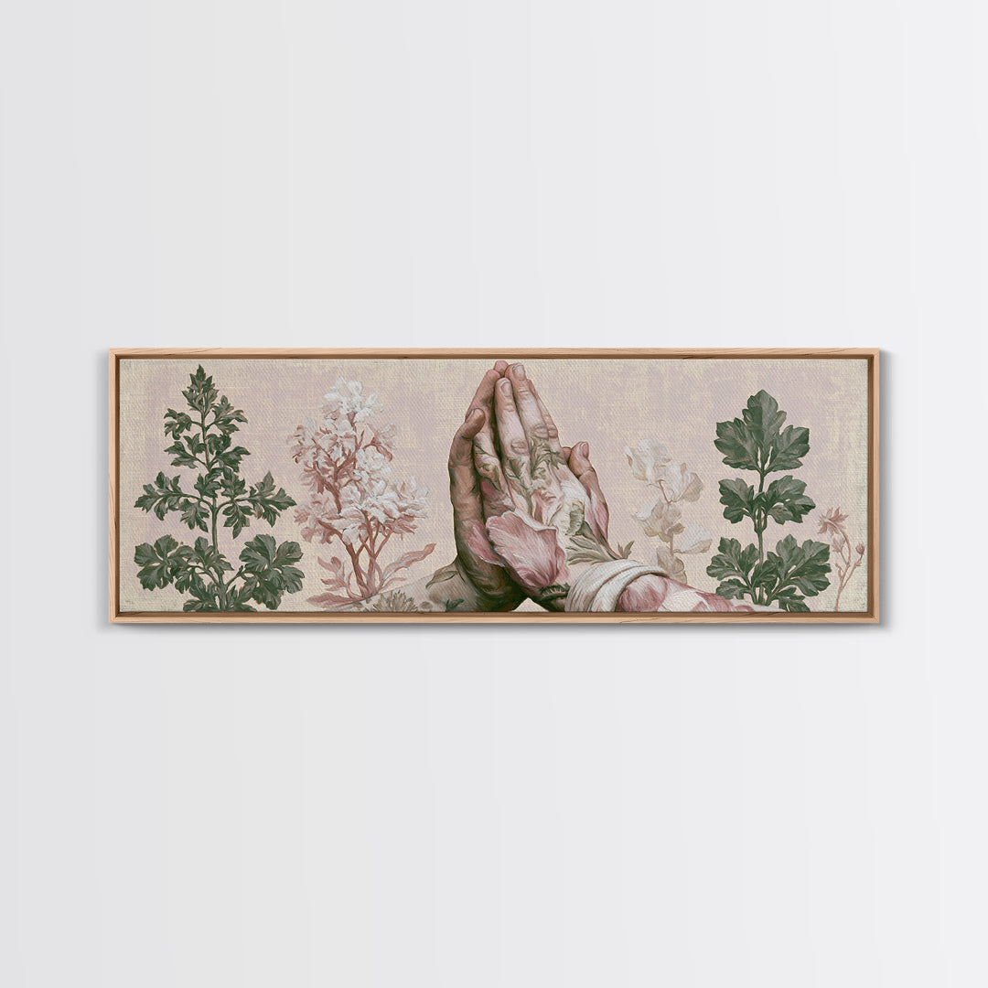 Prayer Hands with Botanical Details Canvas Print, Spiritual Art, Printable, Living Room Decor, Watercolor Art, Spirit, SPI-3x1-97