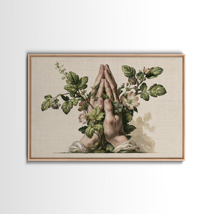 Prayer Hands with Botanical Details Framed Canvas Print, Spiritual Art, Living Room Decor, Watercolor Art, Spirit, SPI-3x2-13