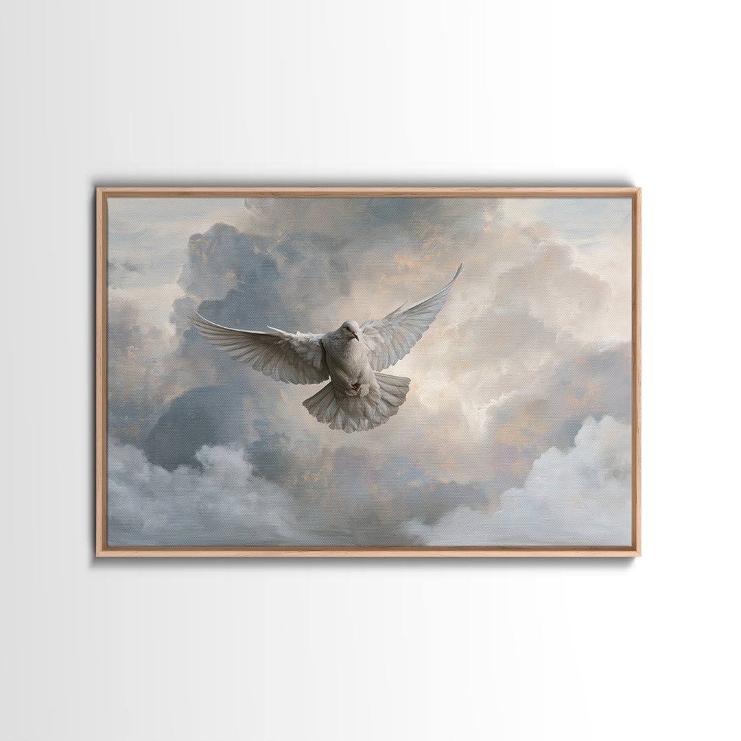 Dove Flying Through Radiant Clouds Canvas Print, Spiritual Art, Poster, Living Room Decor, Fine Art, Spirit, Framed Wall Art, SPI-3x2-57