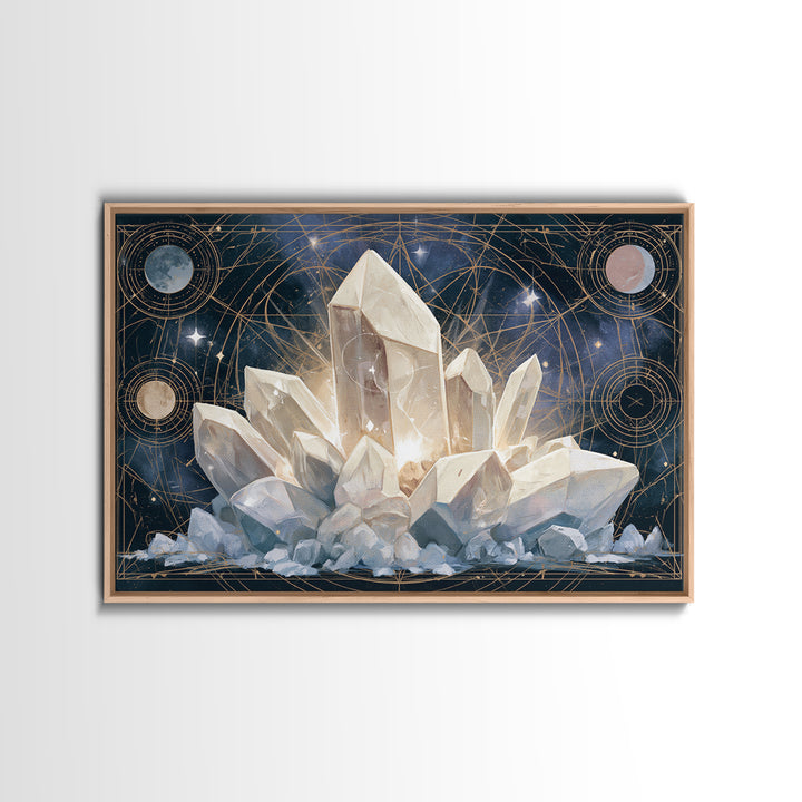 Crystal Cluster with Moonlight Reflections Framed Canvas Print, Spiritual Art, Living Room Decor, Watercolor Art, Spirit, SPI-3x2-65