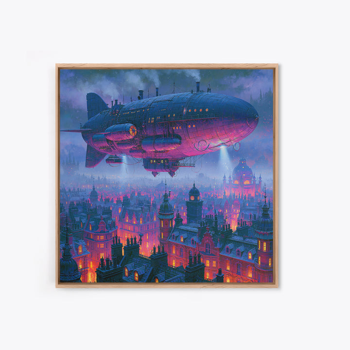 Airship Floating Above Victorian City Roofs Framed Canvas Print, Steampunk Art, Modern Art, Living Room Decor, Mechanic, STE-1x1-2