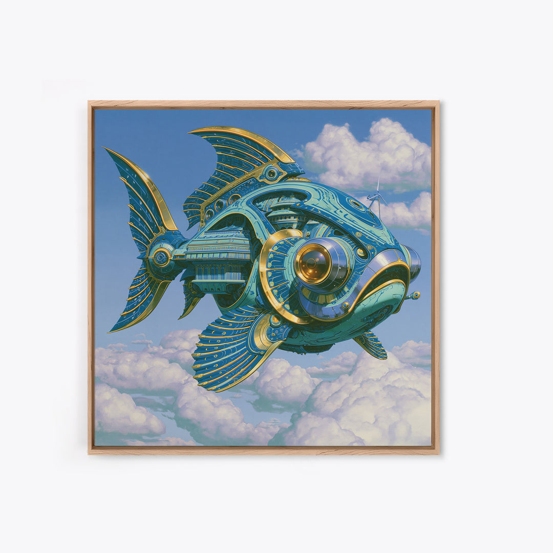 Mechanical Fish Swimming Through Clouds Canvas Print, Steampunk Art, Cat Art, Living Room Decor, Oil Painting, Mechanic, STE-1x1-22