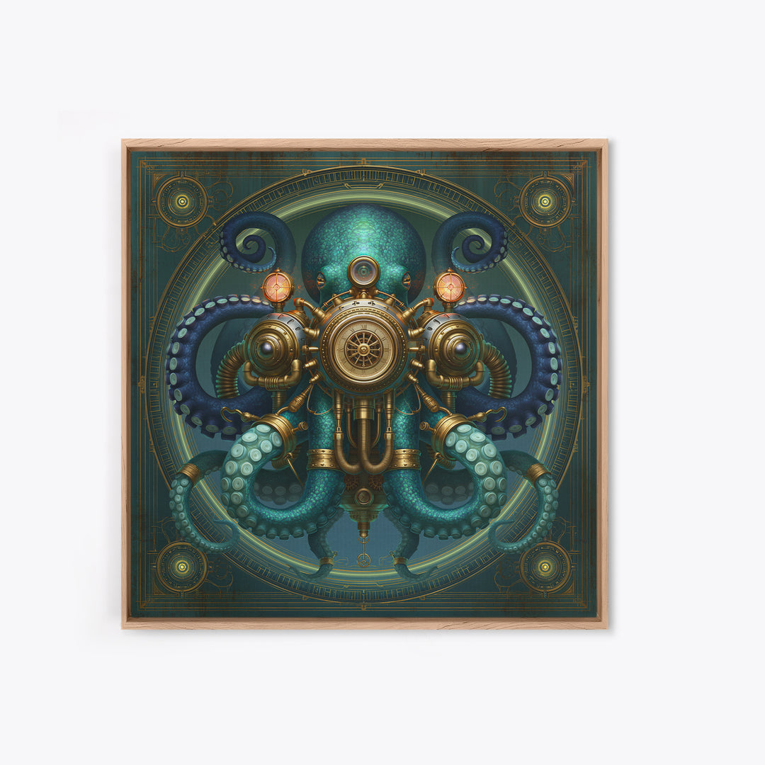 Steampunk Octopus with Brass Tentacles Framed Canvas Print, Steampunk Art, Textured Painting, Living Room Decor, Mechanic, STE-1x1-29