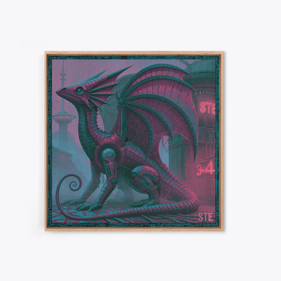 Copper Dragon with Riveted Wings Framed Canvas Print, Steampunk Art, Abstract Art Print, Living Room Decor, Watercolor Art, STE-1x1-34