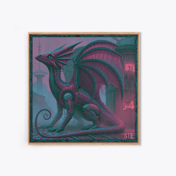 Copper Dragon with Riveted Wings Framed Canvas Print, Steampunk Art, Abstract Art Print, Living Room Decor, Watercolor Art, STE-1x1-34