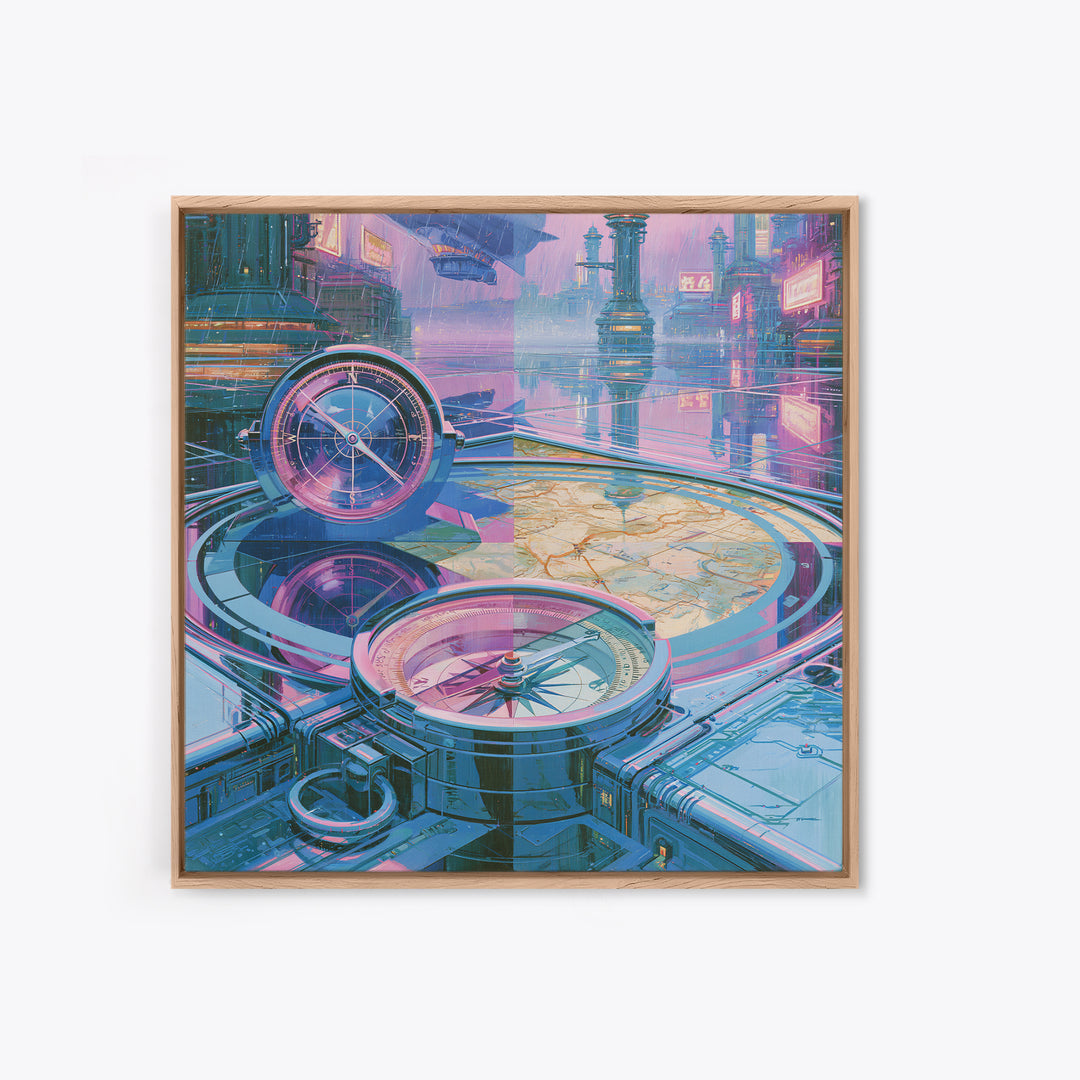 Airship Captain Map and Compass Still Life Framed Canvas Print, Steampunk Art, Steampunk Lamp, Living Room Decor, Abstract Art, STE-1x1-42