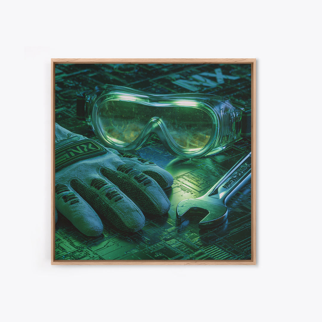 Goggles Gloves and Wrench Still Life Framed Canvas Print, Steampunk Art, Boho Wall Art, Living Room Decor, Fine Art, Mechanic, STE-1x1-47