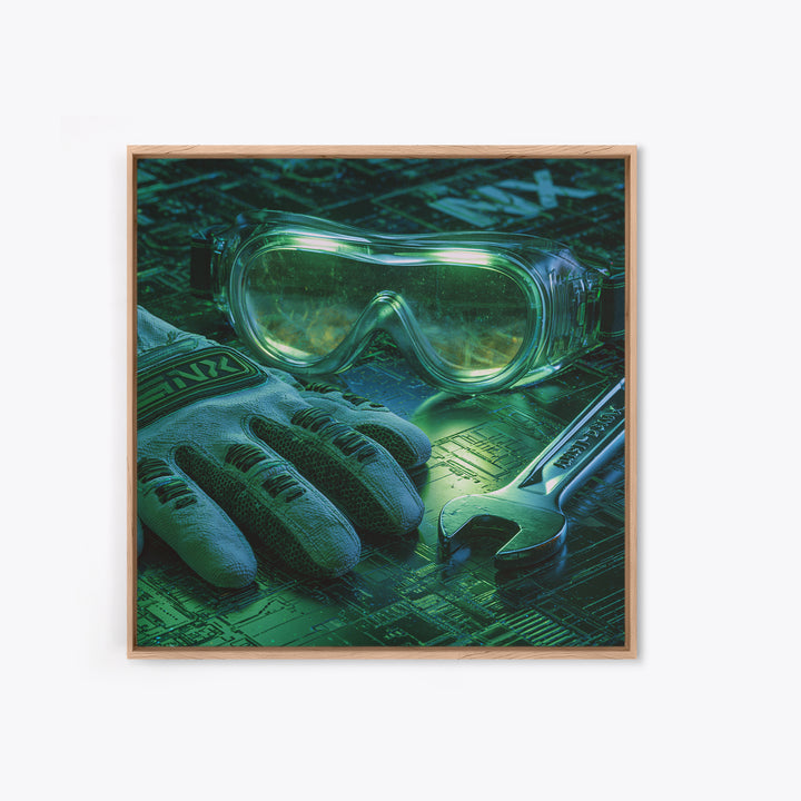 Goggles Gloves and Wrench Still Life Framed Canvas Print, Steampunk Art, Boho Wall Art, Living Room Decor, Fine Art, Mechanic, STE-1x1-47