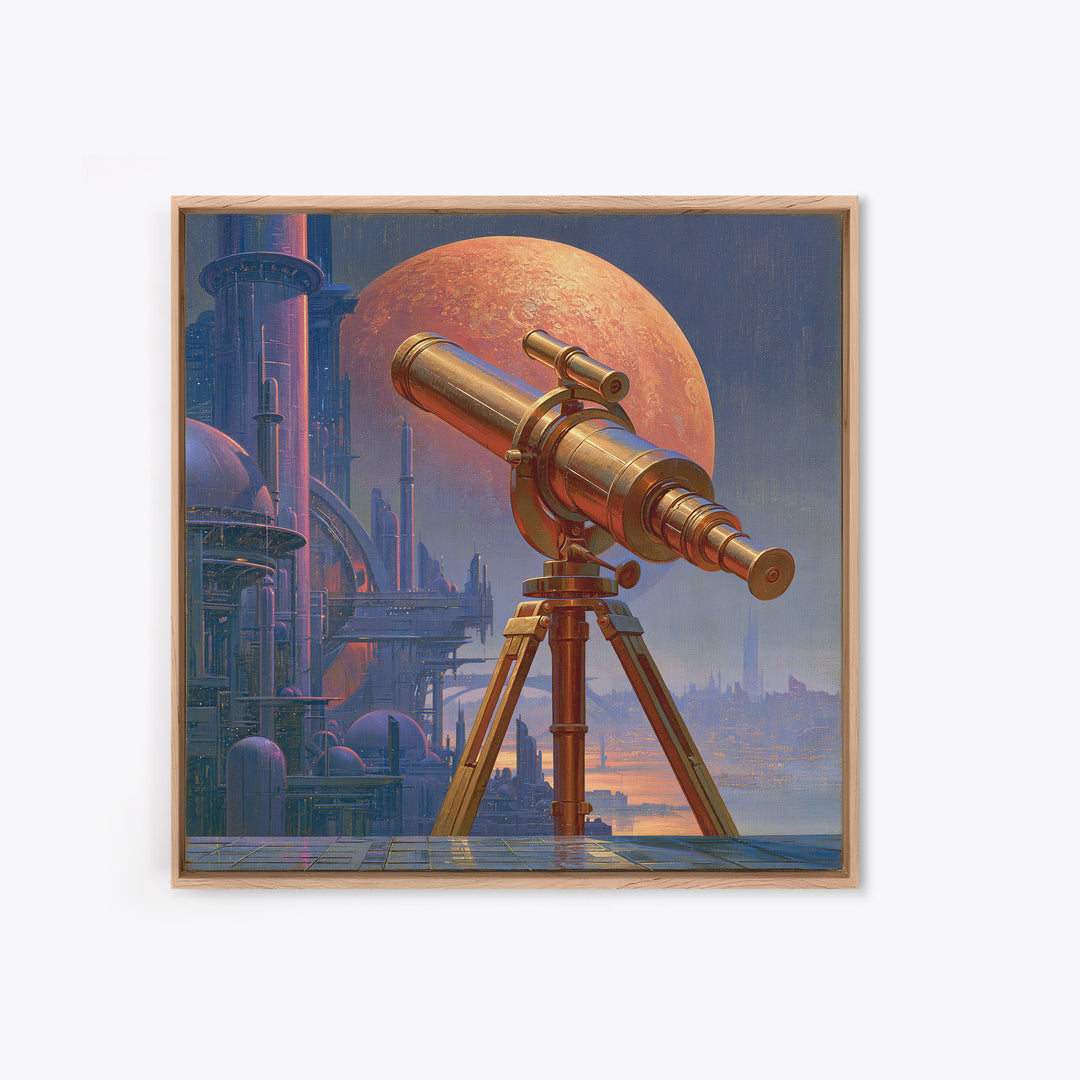 Brass Telescope Aimed at Copper Moon Framed Canvas Print, Steampunk Art, Wall Decor, Living Room Decor, Fine Art, Mechanic, STE-1x1-48