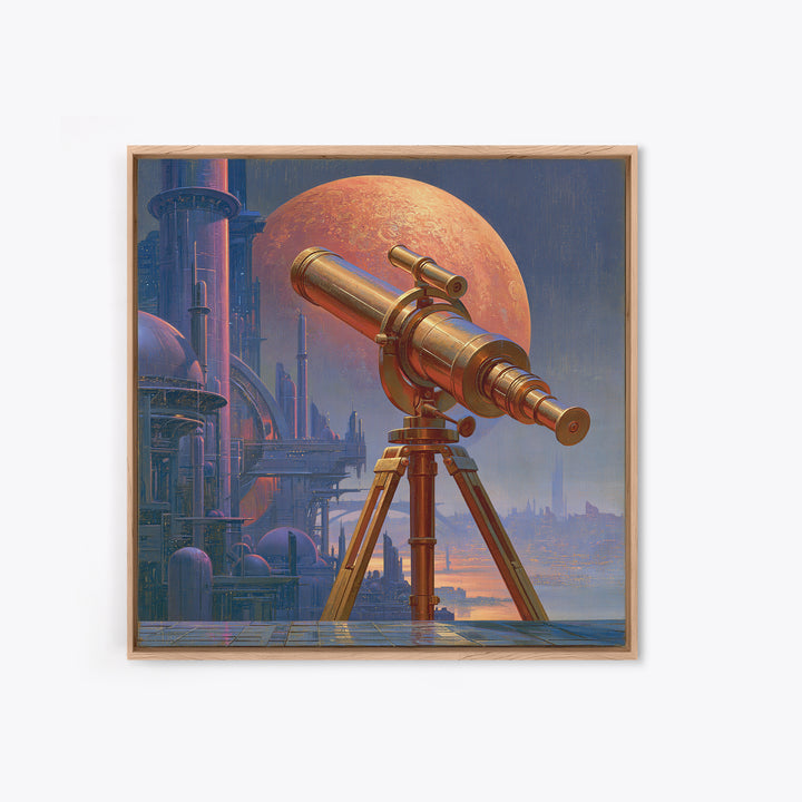 Brass Telescope Aimed at Copper Moon Framed Canvas Print, Steampunk Art, Wall Decor, Living Room Decor, Fine Art, Mechanic, STE-1x1-48