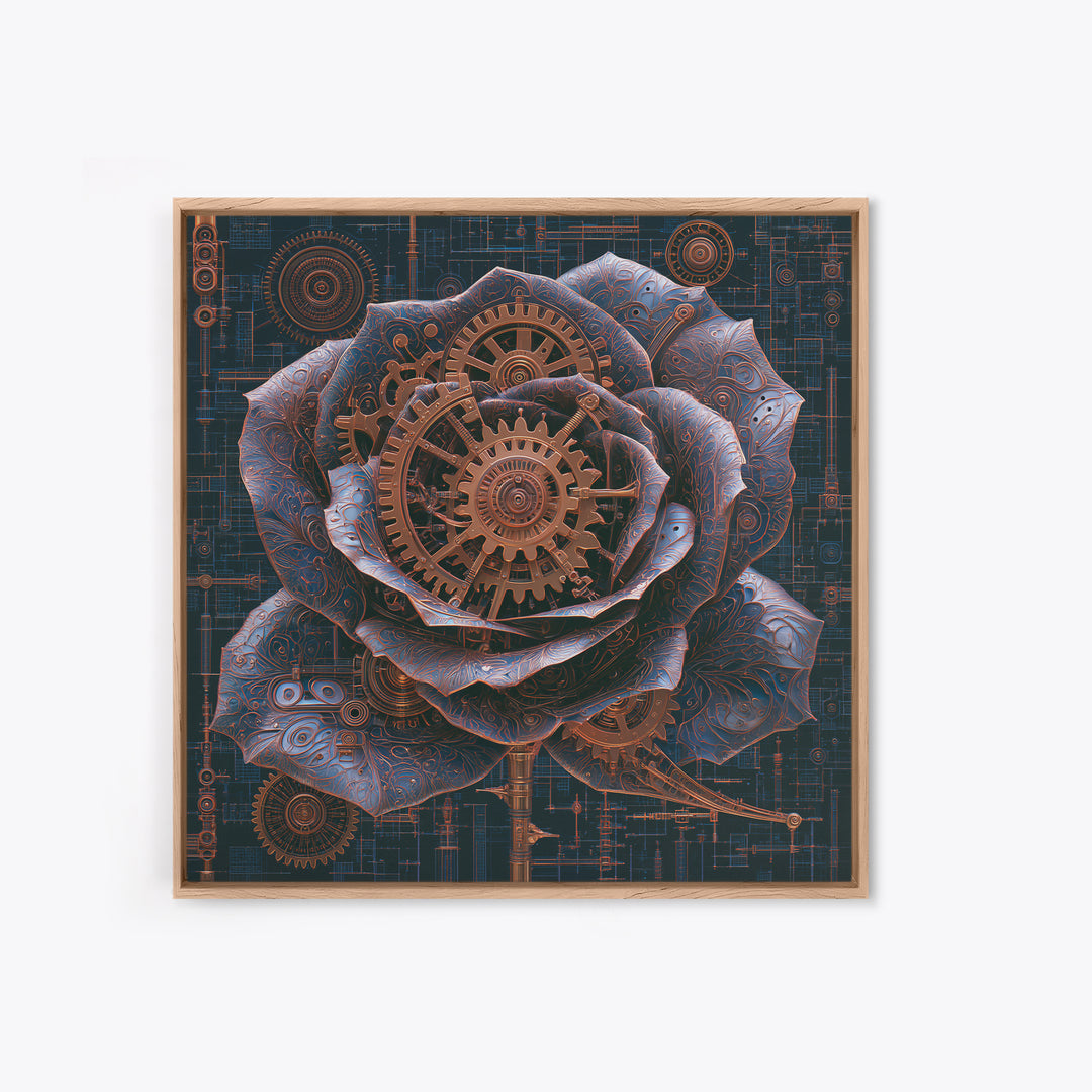 Mechanical Rose Made of Copper Gears Framed Canvas Print, Steampunk Art, Dark Art, Living Room Decor, Oil Painting, Mechanic, STE-1x1-51