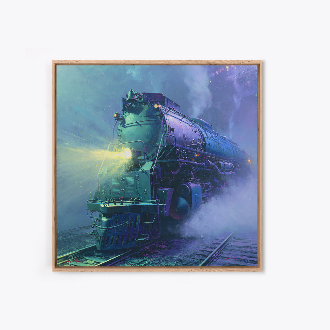 Steam Locomotive Racing Through Fog Canvas Print, Steampunk Art, Dark Art, Living Room Decor, Oil Painting, Mechanic, STE-1x1-54