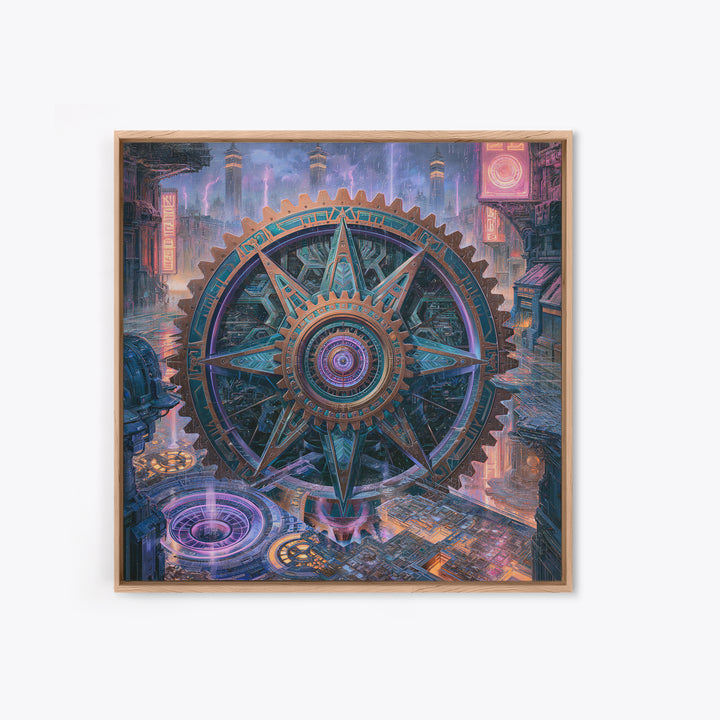 Cogwheel Mandala in Bronze and Teal Framed Canvas Print, Steampunk Art, Wall Art Print, Living Room Decor, Fine Art, Mechanic, STE-1x1-64