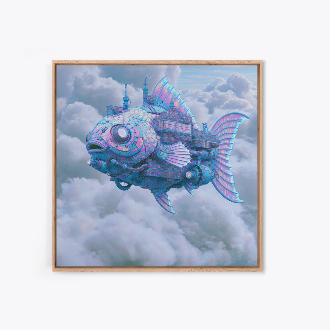 Mechanical Fish Swimming Through Clouds Framed Canvas Print, Steampunk Art, Steampunk Decor, Living Room Decor, Mechanic, STE-1x1-70