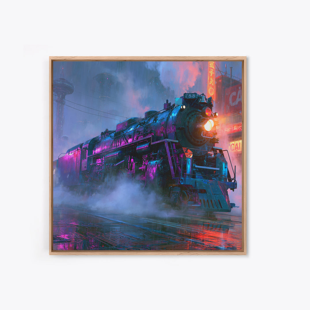 Steam Locomotive Racing Through Fog Framed Canvas Print, Steampunk Art, Statement Artwork, Living Room Decor, Mechanic, STE-1x1-78
