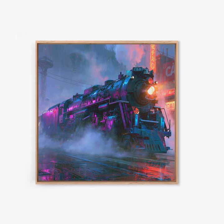 Steam Locomotive Racing Through Fog Framed Canvas Print, Steampunk Art, Statement Artwork, Living Room Decor, Mechanic, STE-1x1-78