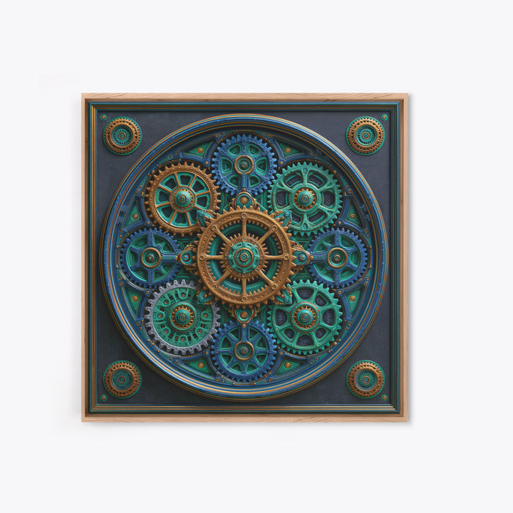Cogwheel Mandala in Bronze and Teal Framed Canvas Print, Steampunk Art, Minimalist Decor, Living Room Decor, Fine Art, Mechanic, STE-1x1-88