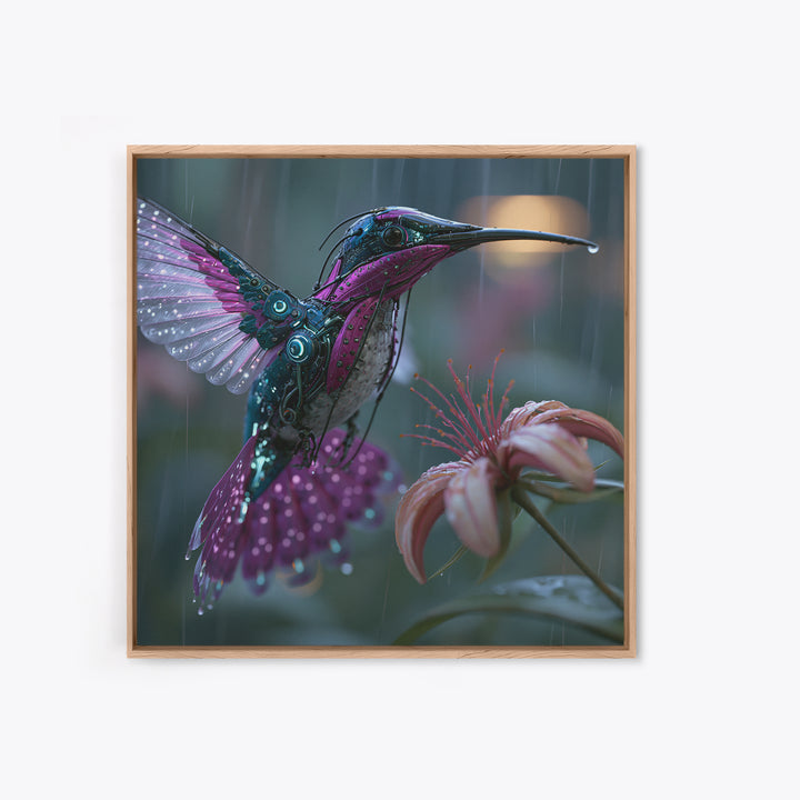 Mechanical Hummingbird Hovering Near Flower Canvas Print, Steampunk Art, Statement Artwork, Living Room Decor, Mechanic, STE-1x1-9