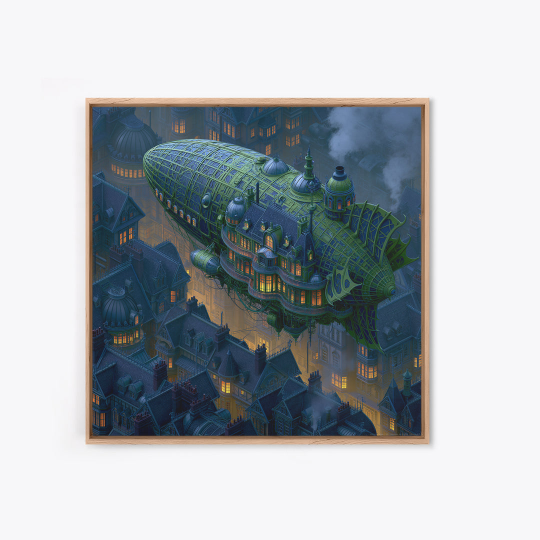 Airship Floating Above Victorian City Roofs Canvas Print, Steampunk Art, Textured Painting, Living Room Decor, Mechanic, STE-1x1-98