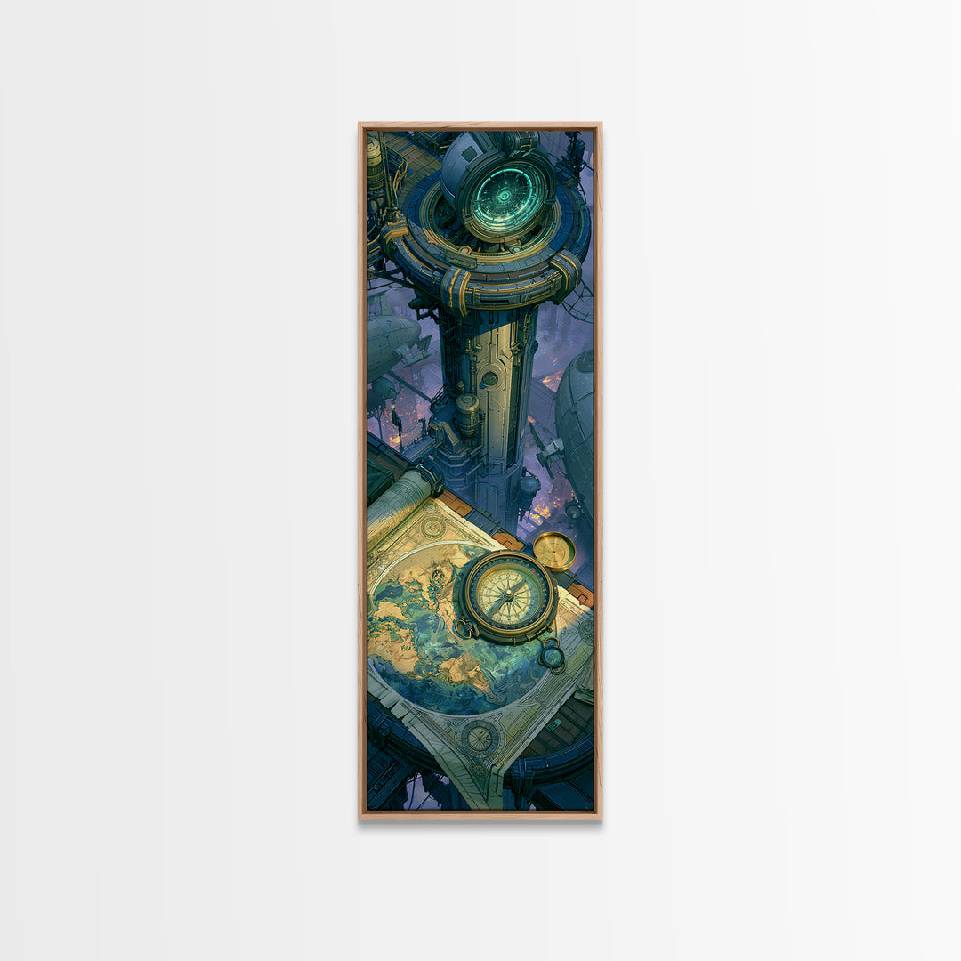 Airship Captain Map and Compass Still Life Framed Canvas Print, Steampunk Art, Dark Art, Living Room Decor, Oil Painting, STE-1x3-54