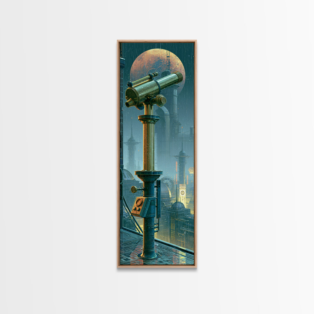 Brass Telescope Aimed at Copper Moon Canvas Print, Steampunk Art, Canvas Art, Living Room Decor, Abstract Art, Mechanic, STE-1x3-60