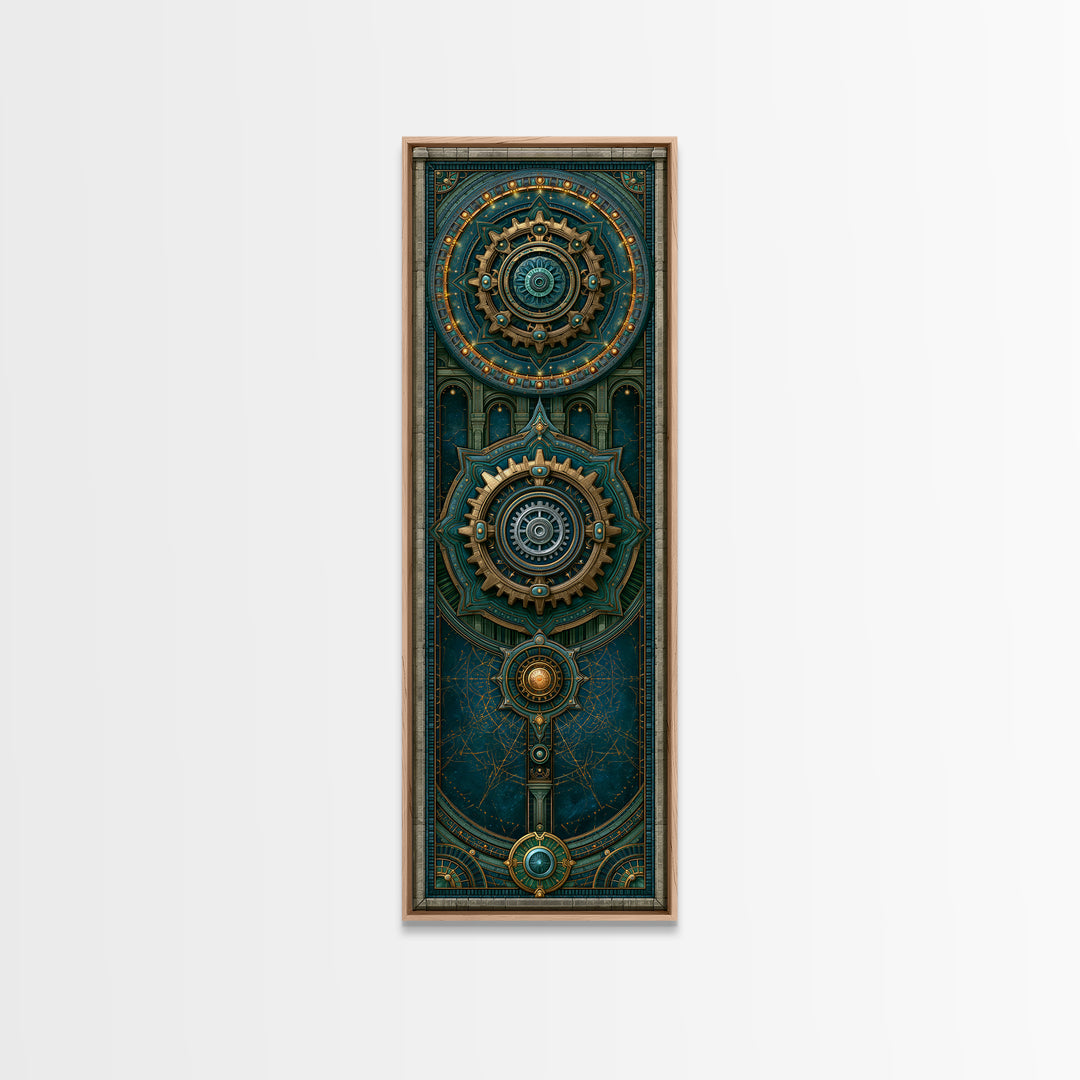 Cogwheel Mandala in Bronze and Teal Framed Canvas Print, Steampunk Art, Cat Art, Living Room Decor, Oil Painting, Mechanic, STE-1x3-76