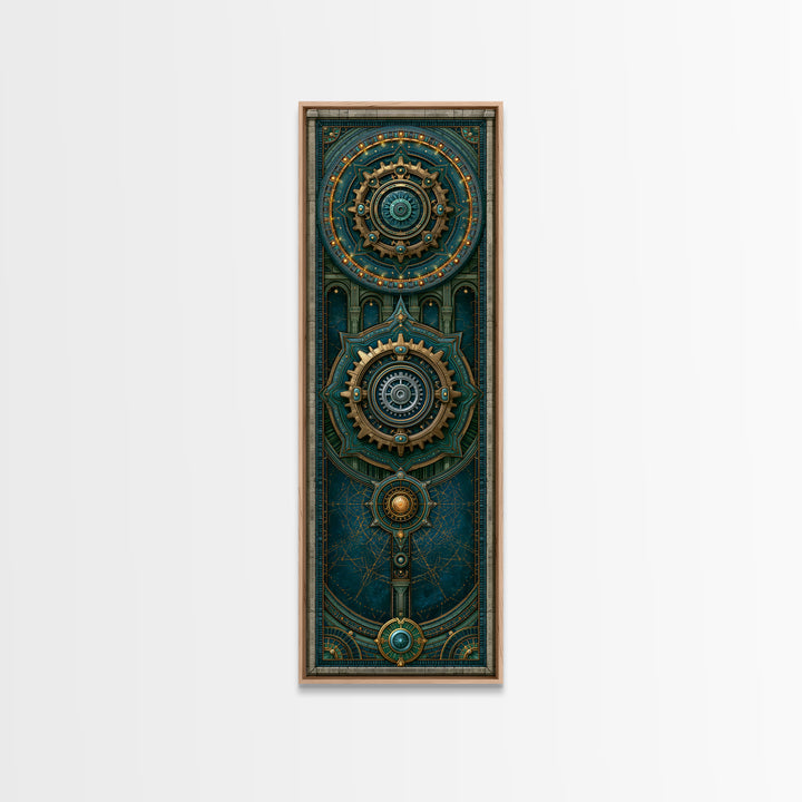Cogwheel Mandala in Bronze and Teal Framed Canvas Print, Steampunk Art, Cat Art, Living Room Decor, Oil Painting, Mechanic, STE-1x3-76