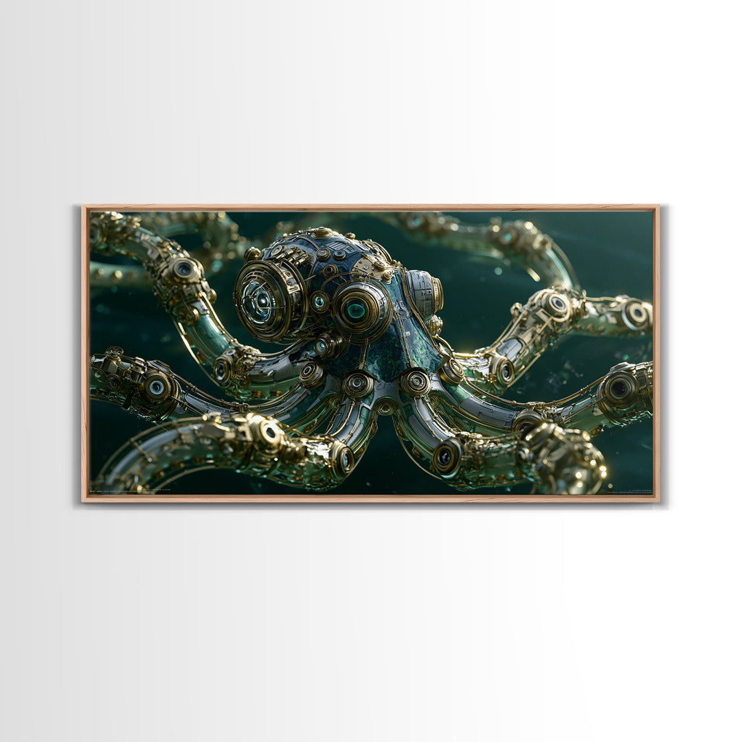 Steampunk Octopus with Brass Tentacles Framed Canvas Print, Steampunk Art, Steampunk, Living Room Decor, Fine Art, Mechanic, STE-2x1-1