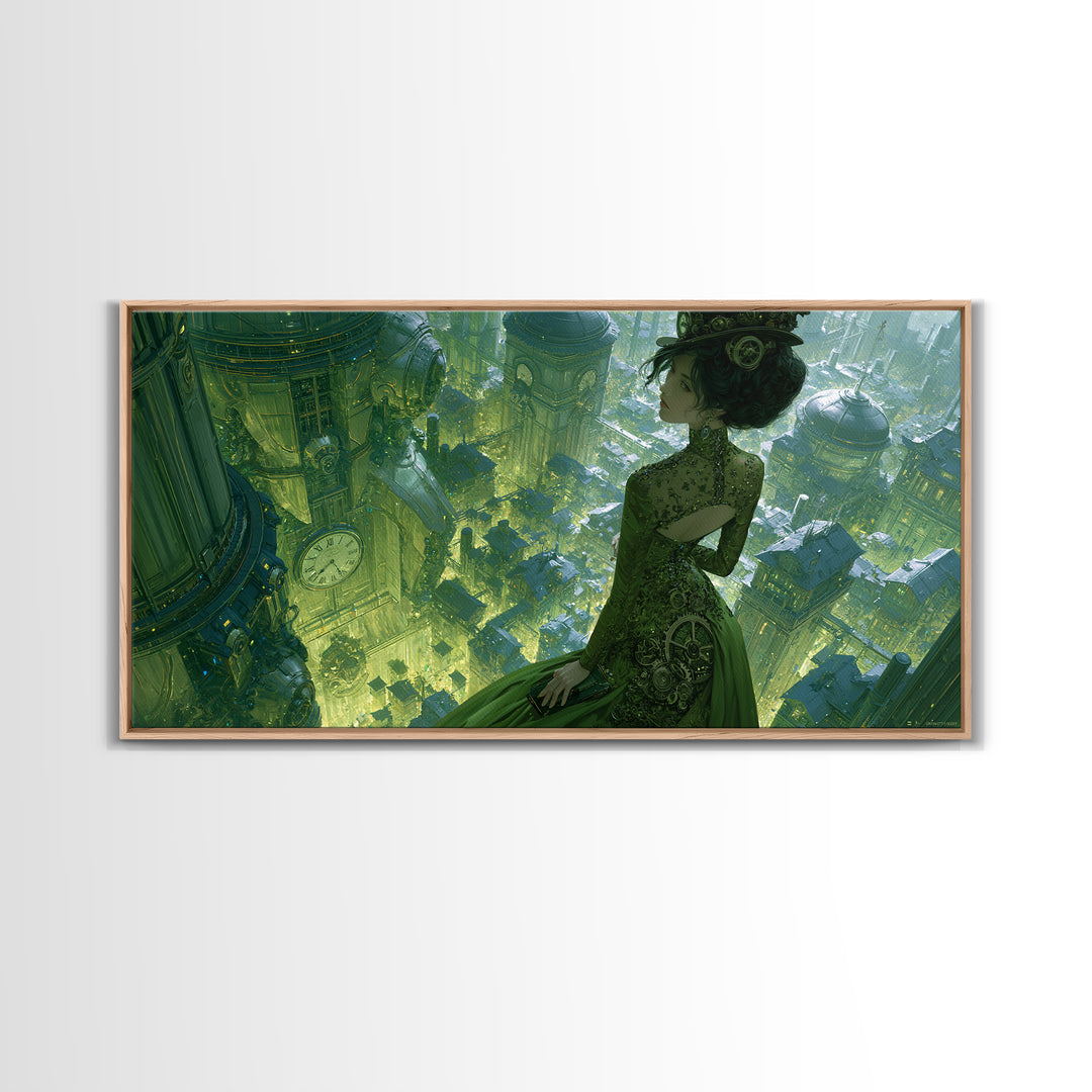 Victorian Lady with Clockwork Dress Details Framed Canvas Print, Steampunk Art, Art Print, Living Room Decor, Mechanic, STE-2x1-13