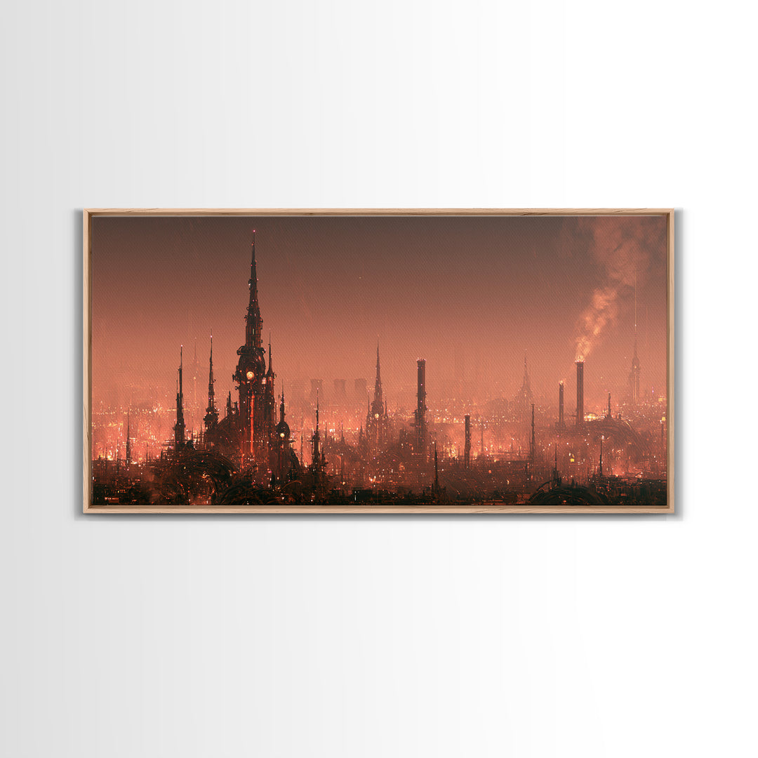 Steam Powered City Skyline Canvas Print, Steampunk Art, Digital Art, Living Room Decor, Abstract Art, Mechanic, Wall Art Print, STE-2x1-17
