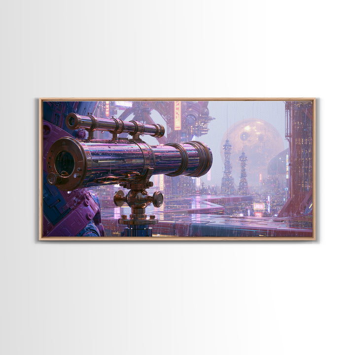 Brass Telescope Aimed at Copper Moon Framed Canvas Print, Steampunk Art, Statement Artwork, Living Room Decor, Mechanic, STE-2x1-20