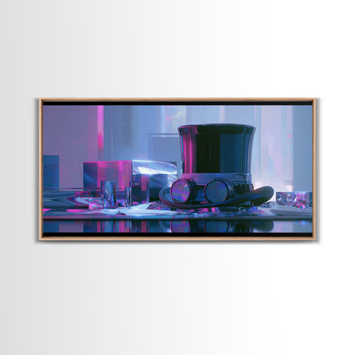Top Hat and Goggles Still Life Framed Canvas Print, Steampunk Art, Minimalist Decor, Living Room Decor, Fine Art, Mechanic, STE-2x1-24